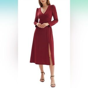 V-Neck Midi Dress with long puff sleeves and side split